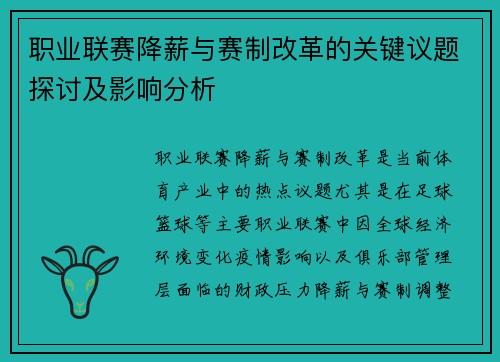 职业联赛降薪与赛制改革的关键议题探讨及影响分析