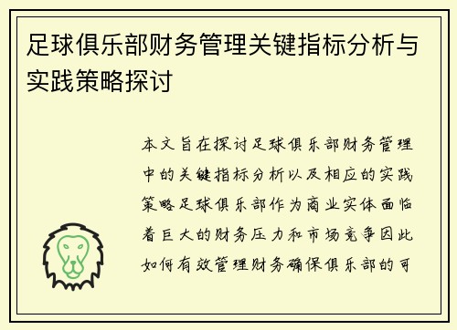足球俱乐部财务管理关键指标分析与实践策略探讨
